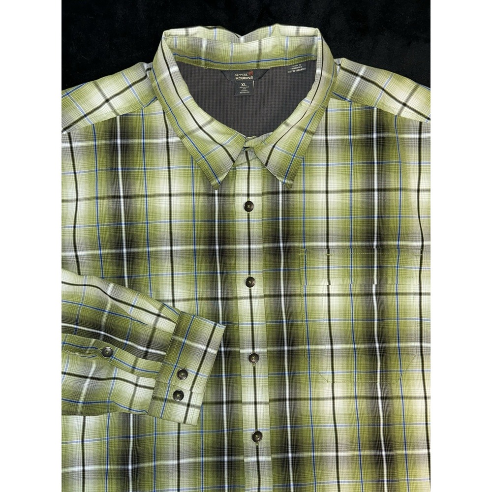 Royal Robbins Men’s Relaxed Fit Modal Green White Plaid L/S Button Down Size XL